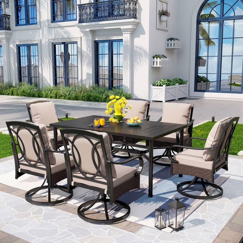 7pc Outdoor Dining Set with Swivel Chairs &#38; Large Metal Rectangle Table with Umbrella Hole - Captiva Designs, 1 of 18