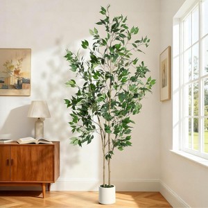 Artificial Ficus Tree with Black Planter & Moss, Faux Tree with Natural Trunk & Fruits for Home Office Decor - 1 of 4