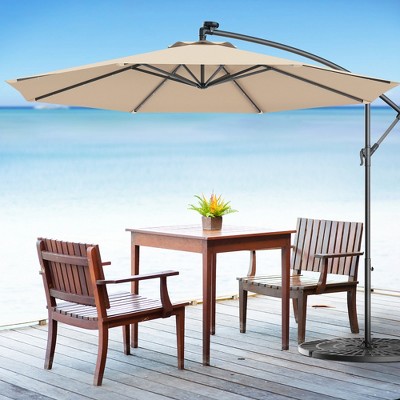 Costway 10' Hanging Solar LED Umbrella Patio Sun Shade Offset Market W/Base Beige