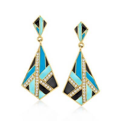 Ross-Simons Multicolored Enamel and .90 ct. t.w. White Topaz Geometric Drop Earrings in 18kt Gold Over Sterling
