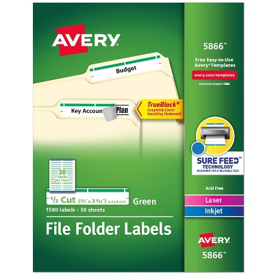 Avery Permanent File Folder Labels TrueBlock Inkjet/Laser Green Border 1500/Box 5866