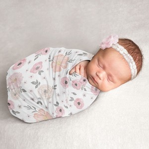 Sweet Jojo Designs Girl Swaddle Baby Blanket Watercolor Floral Pink and Grey - 1 of 4