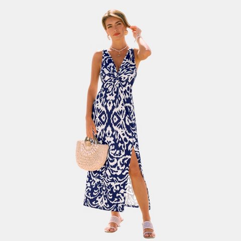Женские платья Cupshe Women's Maxi Dress Flattering Side Slit Ikat Print-S-Blue