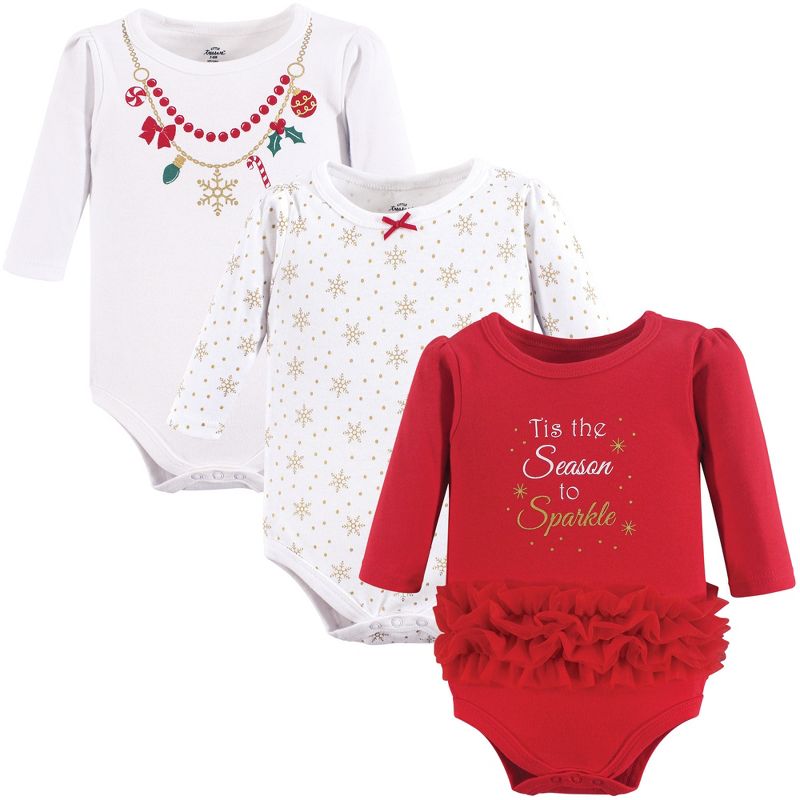 Little Treasure Baby Girl Cotton Long-Sleeve Bodysuits 3pk, Christmas Necklace, 1 of 2