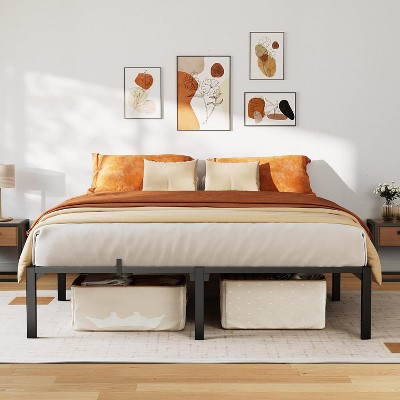 homfan Bed Frame, High Platform Bed Frame, Queen Size with Storage Space, Heavy Duty Steel Slat Support, No Screws Needed, Easy Assembly