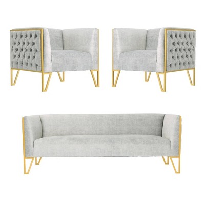 3pc Vector Sofa and Armchairs Set Gray - Manhattan Comfort: Luxe Velvet Upholstery, No Assembly Required