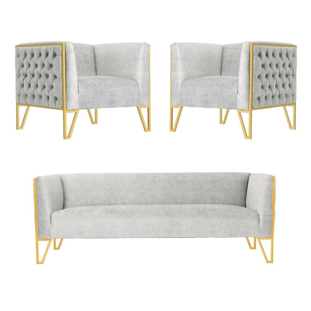 3pc Vector Sofa and Armchairs Set Gray - Manhattan Comfort: Luxe Velvet Upholstery, No Assembly Required