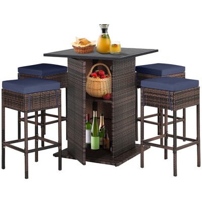 Tangkula Tangkula 5PCS Patio Bar Set Rattan Bar Furniture Set w/ Table & 4 Cushioned Stools Navy
