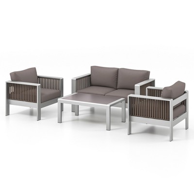 Tangkula 4 Pieces Patio Furniture Set Aluminum w/ Cushions & Tempered Glass Tabletop