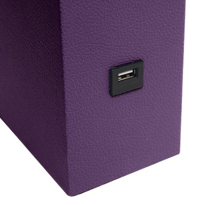 Eggplant Leather Nightstand Lamp with White Fabric Shade and USB Port