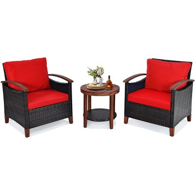 Tangkula 3-Piece Patio Rattan Bistro Set Acacia Wood Frame Sofa and Side Table