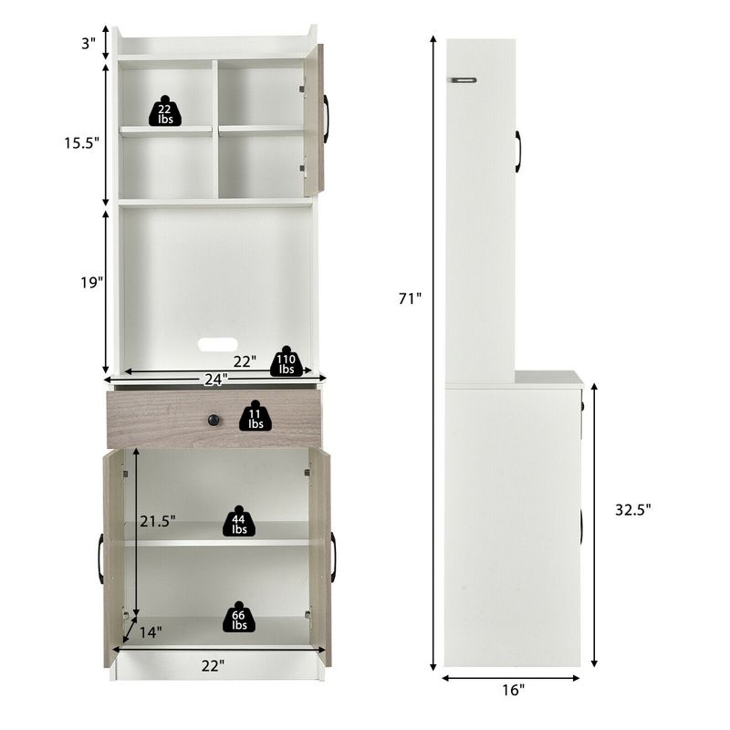 Costway 3-Door 71'' Kitchen Buffet Pantry Storage Cabinet w/Hutch Adjustable Shelf White, 2 of 11