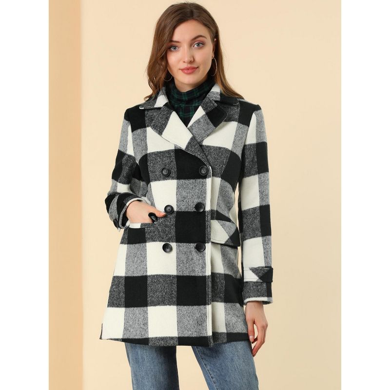 Allegra K Women's Notched Lapel Double Breasted Winter Plaids Overcoat, 5 of 8