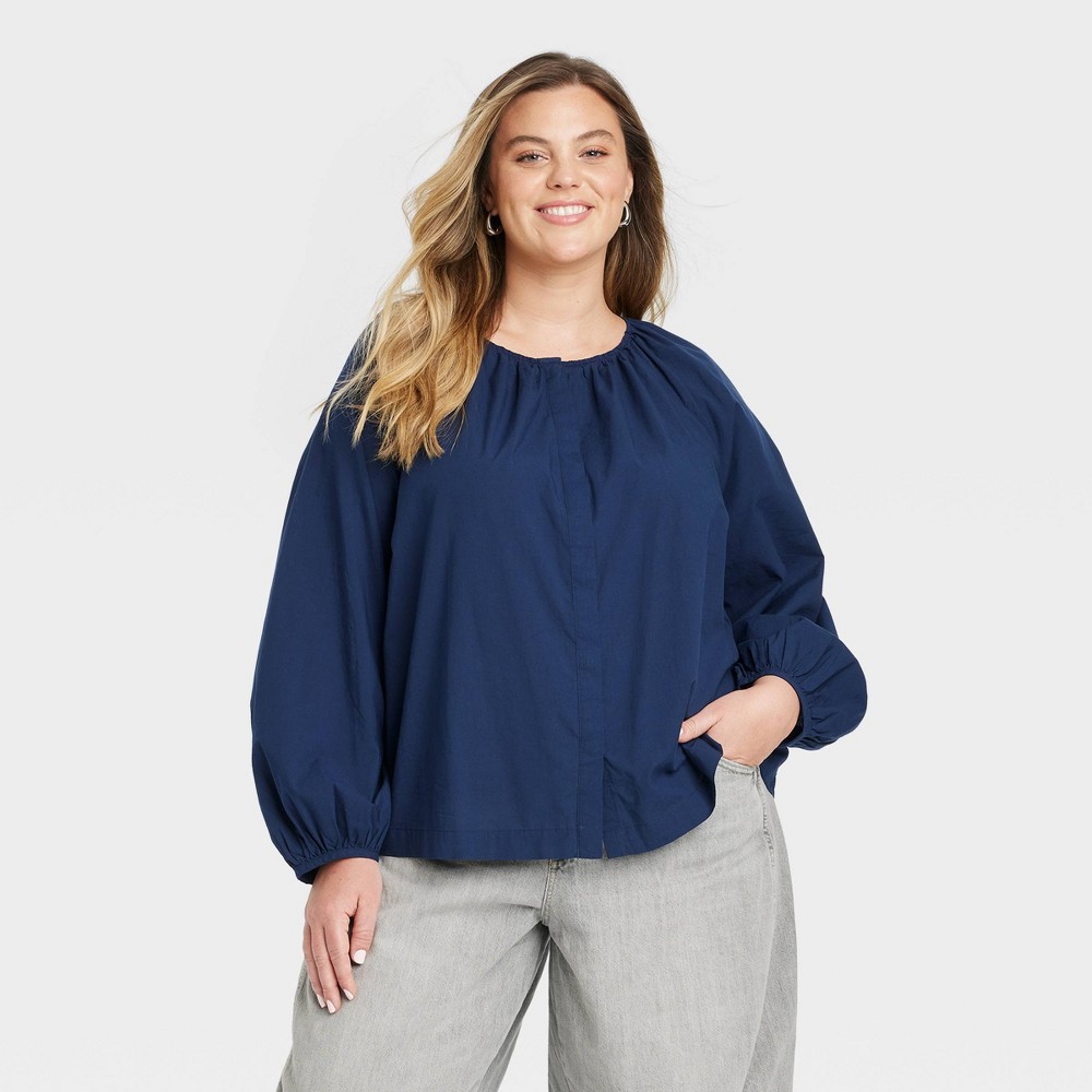 Women's Balloon Long Sleeve Blouse - Universal Thread™ Navy Blue 1X