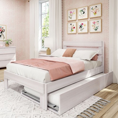 Max & Lily Farmhouse Full Bed With Plank Headboard And Trundle, White ...