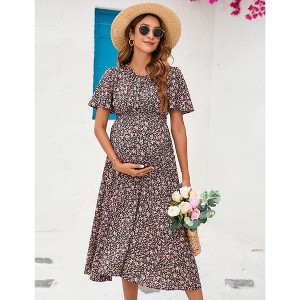 Clearlove Maternity Dress Women Smocked Crew Neck Puff Sleeve Floral Midi Dress Summer Beach Dress - 1 of 4