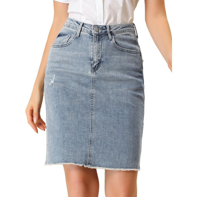 Allegra K Women's Basic Distressed High Waist Ripped Hem Washed Jeans Skirt, 1 of 7