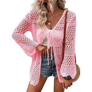 Womens Cardigan Spring Tops Sheer Lightweight Summer Cardigan Beach Cover Up Tops V Neck Lantern Sleeve Sweater Cardigan - 1 of 4