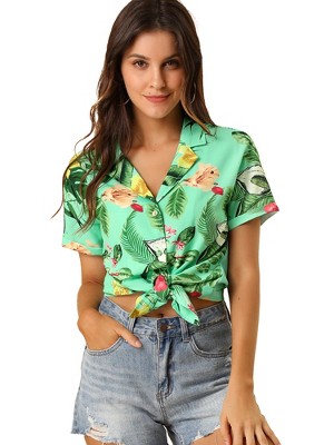 Allegra K Women's Hawaiian Floral Leaves Printed Short Sleeve Button Down Vintage Shirt