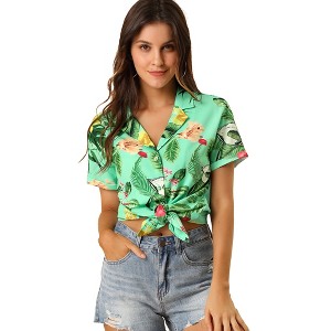 Allegra K Women's Hawaiian Floral Leaves Printed Short Sleeve Button Down Vintage Shirt - 1 of 4