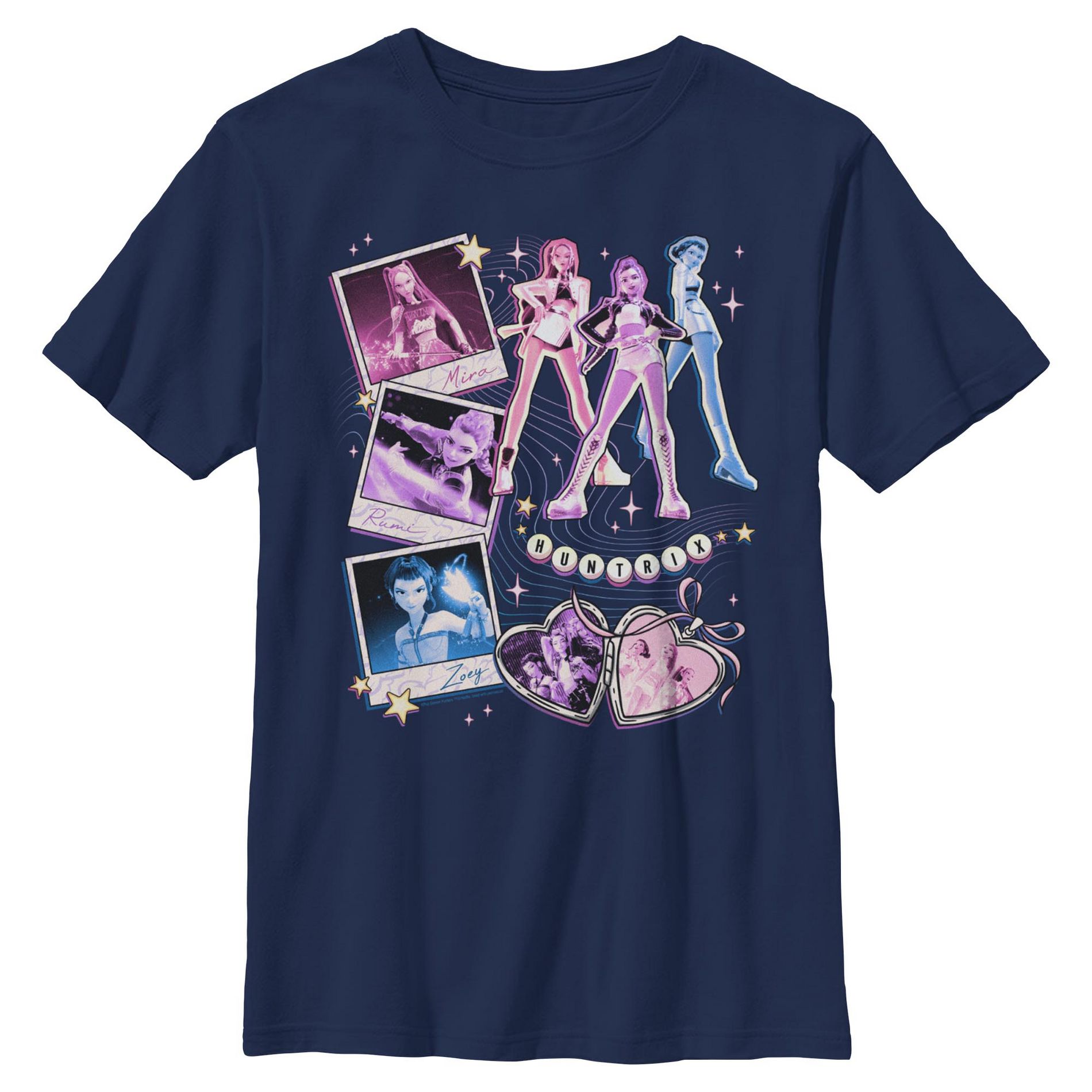 Boys KPop Demon Hunters Huntrix Cute Instant Film Portrait T Shirt - Navy Blue - Small