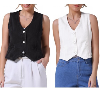INSPIRE CHIC Women's Sleeveless V Neck Button Down Jean Crop Denim Tank Tops 2 Packs