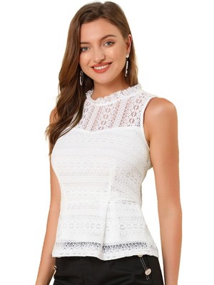 INSPIRE CHIC Women's Ruffle Neck Keyhole Back Sleeveless Floral Lace Peplum Blouses
