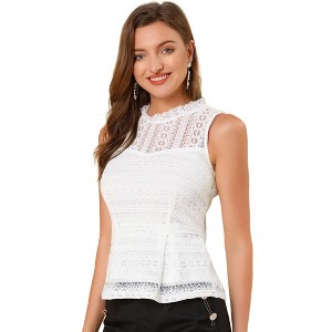 INSPIRE CHIC Women's Ruffle Neck Keyhole Back Sleeveless Floral Lace Peplum Blouses - 1 of 4