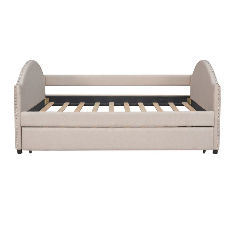 Full Size Upholstered Wood Daybed with Twin Size Trundle Bed and Wood Slat Support-ModernLuxe, 4 of 12