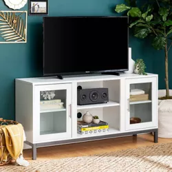 Pierceton Modern Double Glass Door with Metal Legs TV Stand for TVs up to 58" White - Saracina Home