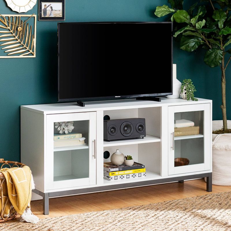 Pierceton Modern Double Glass Door with Metal Legs TV Stand for TVs up to 58&#34; White - Saracina Home, 1 of 11