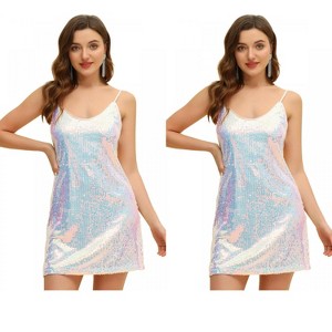 Allegra K Women's Glitter Sequin Spaghetti Strap V Neck Cocktail Sparkly Mini Dress 2 Packs - 1 of 4