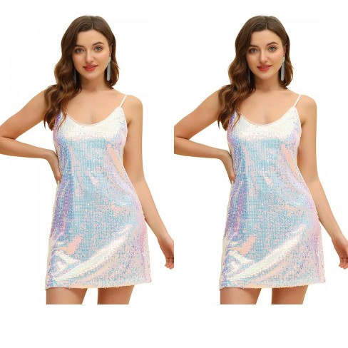 Allegra K Women's Glitter Sequin Spaghetti Strap V Neck Cocktail Sparkly Mini Dress 2 Packs - image 1 of 4