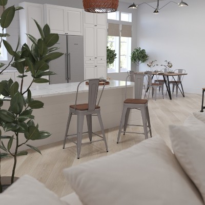 Silver Metal Counter Stool with Curved Slatted Back and Textured Wood Seat