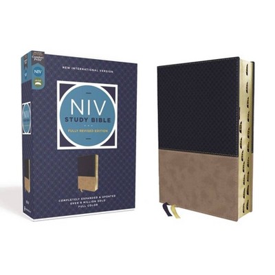 NIV Study Bible, Fully Revised Edition, Leathersoft, Navy/Tan, Red Letter, Thumb Indexed, Comfort Print - by  Zondervan (Leather Bound)