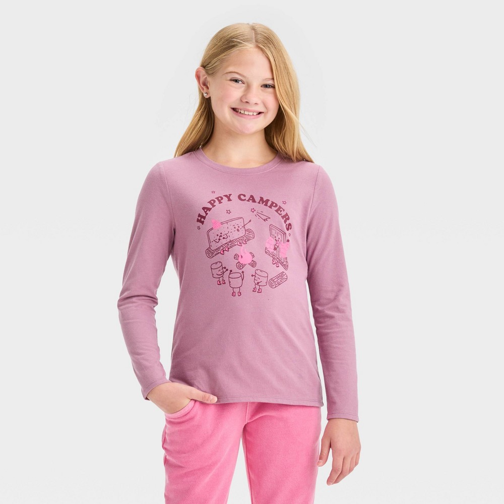 Girls' Long Sleeve 'Happy Campers' Graphic T-Shirt - Cat & Jack™ Plum Purple M