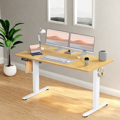 GlasFlength Desks Ergonomic Standing Desk, Height Adjustable Computer Desk with Control Panel Headphone Hook, Height 28.7'' to 48'', Yellow, 55Inches