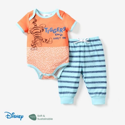 Disney Winnie the Pooh Baby Boy 2pcs Naia Sustainable Fabric Character Print Romper and Stripes Pants Set