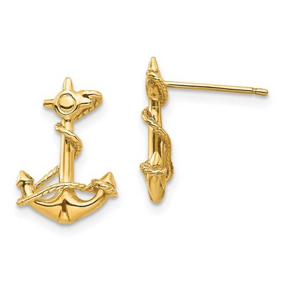 Black Bow Jewelry 15mm 3D Anchor with Rope Post Earrings in 14k Yellow Gold