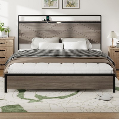 NicBex Full/Queen/King Industrial Style Bed Frame with Storage Headboard & 2 USB,Modern Platform Bed for Bedroom,No Box Spring Needed