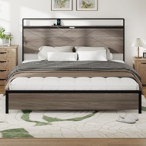 NicBex Full/Queen/King Industrial Style Bed Frame with Storage Headboard & 2 USB,Modern Platform Bed for Bedroom,No Box Spring Needed - 1 of 4