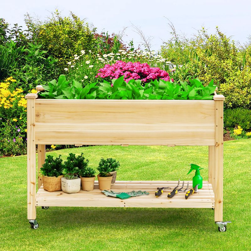 Tangkula Elevated Garden Bed Wood Planters with Storage Shelf Wheels & Liner Suitable for Vegetable Flower Herb, 2 of 8