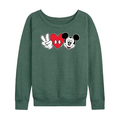 Women's - Disney - Peace Love Mickey Lightweight French Terry Wide Neck Long Sleeve Shirt