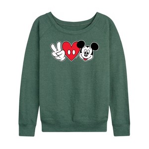 Women's - Disney - Peace Love Mickey Lightweight French Terry Wide Neck Long Sleeve Shirt - 1 of 4