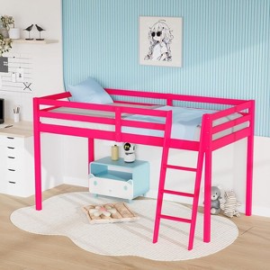 VINGLI 47'' Tall Junior Low Loft Bed with Stairs, Solid Wood Bed Frame Twin Size Princess, Pink - 1 of 4