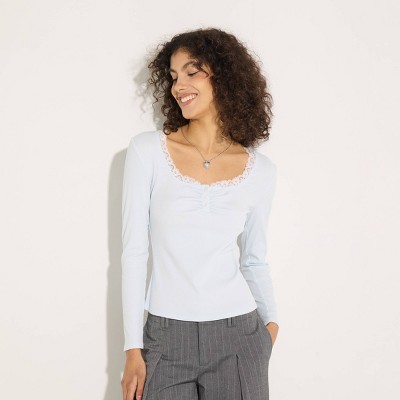 Women's Ribbed Lace Trim Square Neck Henley - Wild Fable™