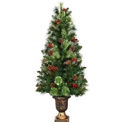 Costway 4ft Pre-Lit Christmas Entrance Tree In Urn w/ 60 LED Light Red Berries Pine Cone