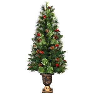 Costway 4ft Pre-Lit Christmas Entrance Tree In Urn w/ 60 LED Light Red Berries Pine Cone - 1 of 4