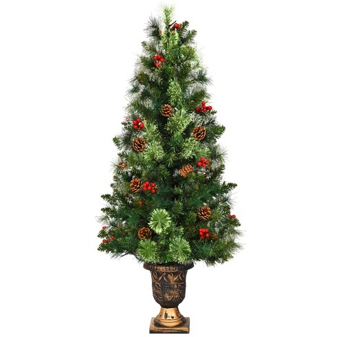 Costway 4ft Pre-Lit Christmas Entrance Tree In Urn w/ 60 LED Light Red Berries Pine Cone - image 1 of 4