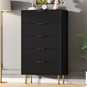 Fluted 5-Drawer Wood Dresser, Modern White Tall Dresser with Gold Handles, Bedroom, Living Room Storage Organizer for Hallway/Entryway - 1 of 4